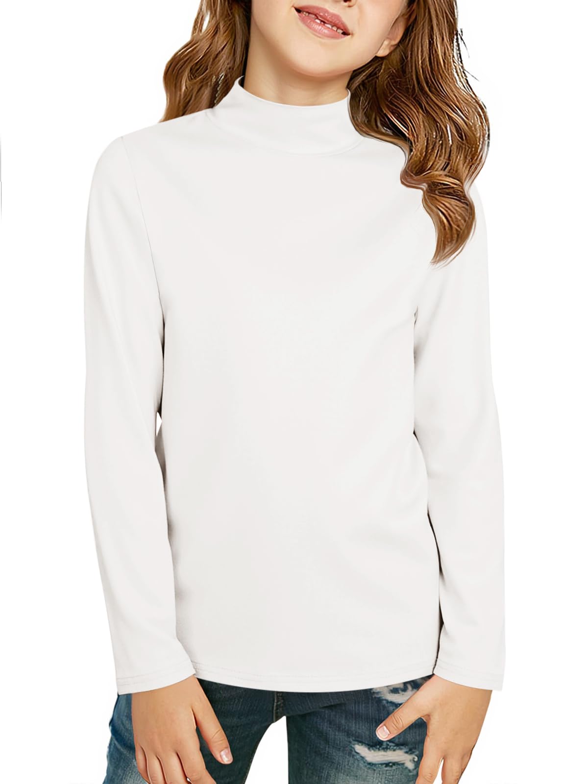 Photo 1 of **DIRTY*** Girls Long Sleeve Mock Neck Pullover Tops Kids Fall Winter Basic Tops Active Layer Shirts 5-14 Years White