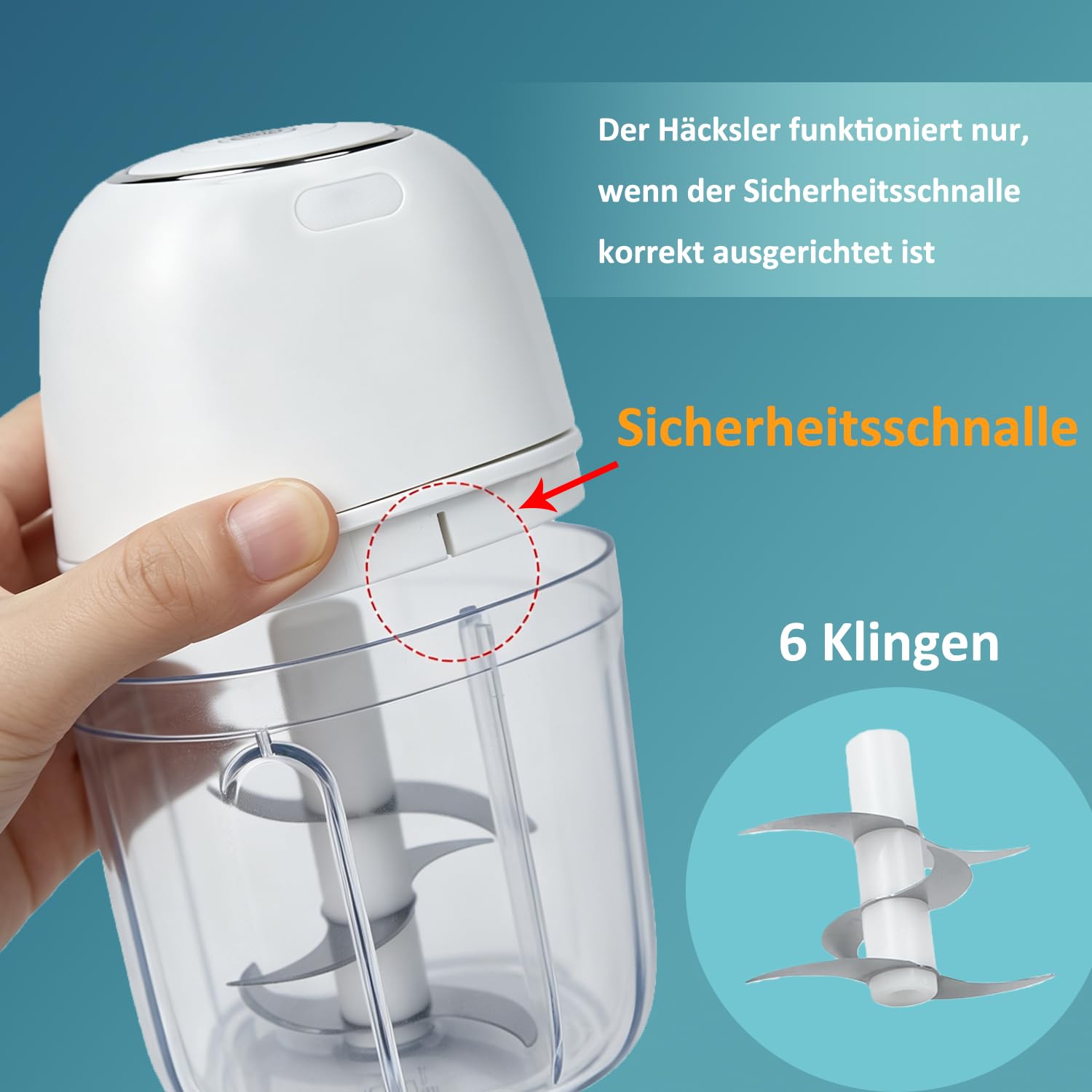 Mini Zerkleinerer Küche Elektrisch,Knoblauchpresse USB Aufladbar,Tragbarer Küchenmaschine,Blender Hacker Chopper Kabellos/350ML/6 Scharfen Klingen für Zwiebel,Knoblauch,Chili,Fleisch und Gewürze,Weiß