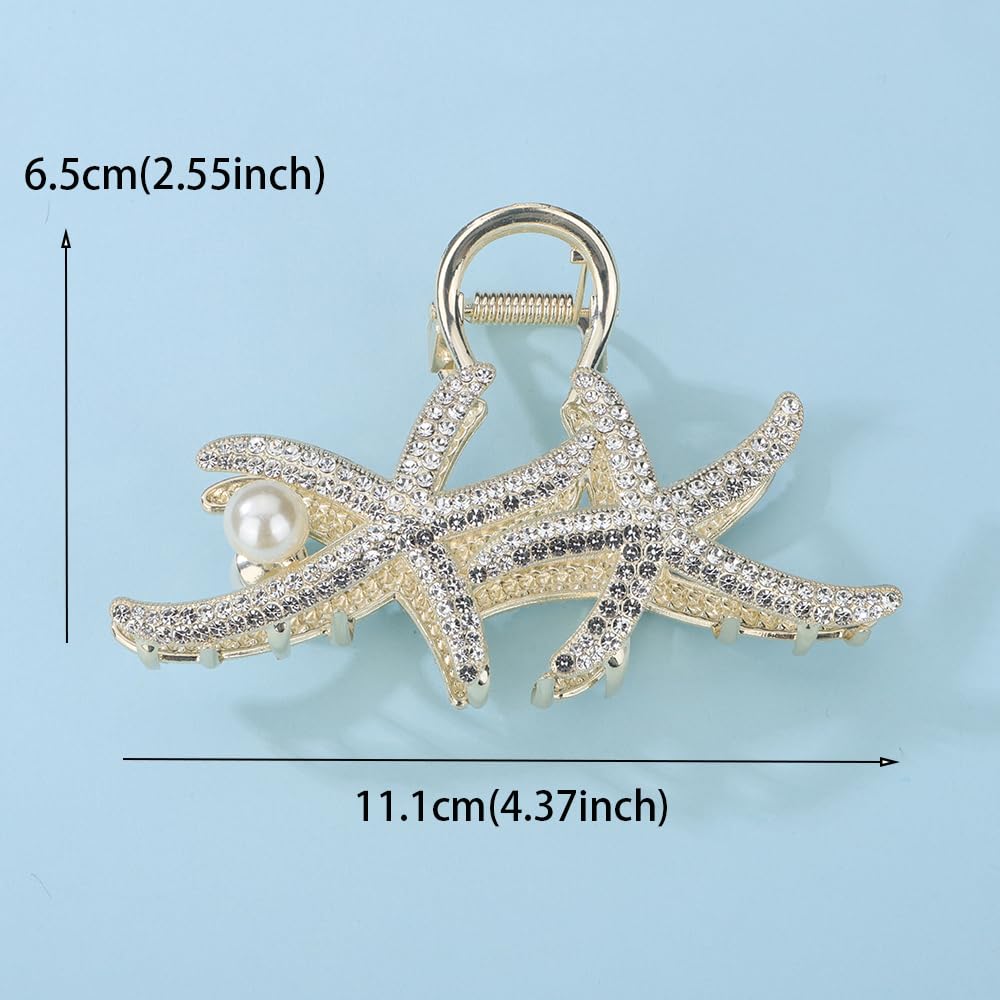 Jumwrit Pinza para el pelo con diamantes de imitación brillantes, estilo bohemio, doble estrella de mar, clip de mandíbula de metal grande para el pelo, fuerte sujeción de perlas de imitación,