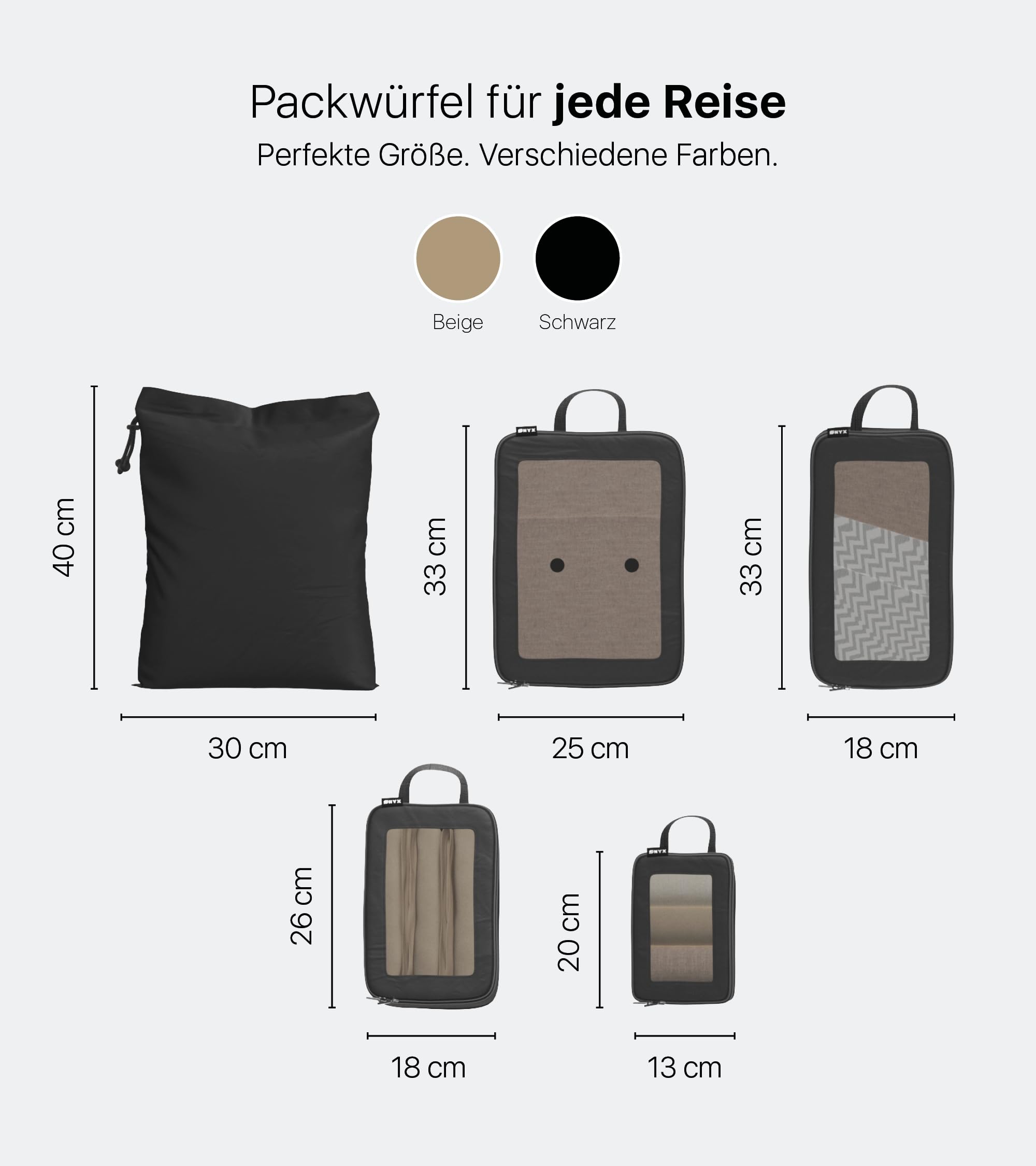 ONYX 5-teiliges Packing Cubes Compression Set inkl. Schuhbeutel bzw. Wäschesack – Packwürfel Kompression für bis zu 50% Platzersparnis, Koffer Organizer Set aus 900D Polyester, Schwarz