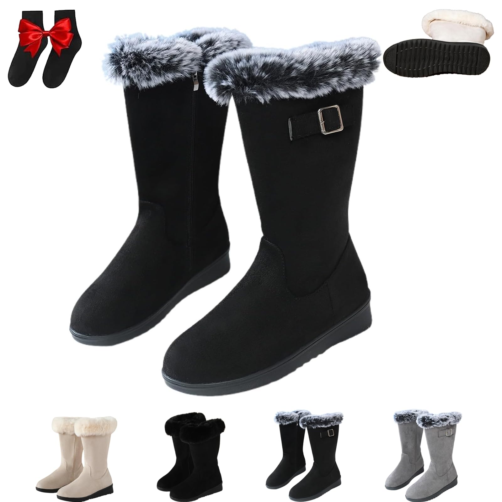 Womens Mid Calf Winter Boots Womens Soft Warm Fur Lining Casual Long Boots Winter Vintage Suede Fur Lined