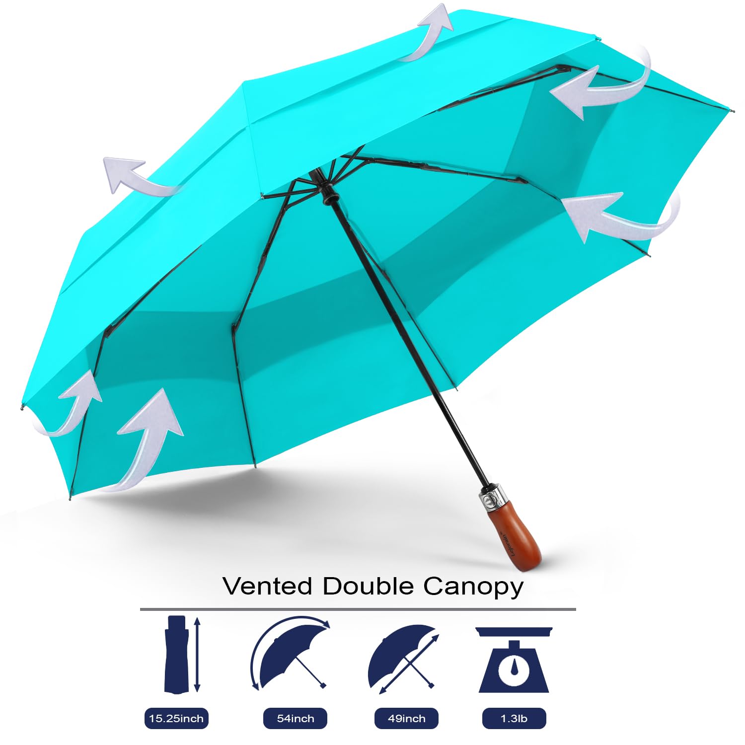 Lejorain Parapluie de golf compact automatique – Grand parapluie de golf compact en bois 210T Dupont avec revêtement en téflon robuste, coupe-vent, portable