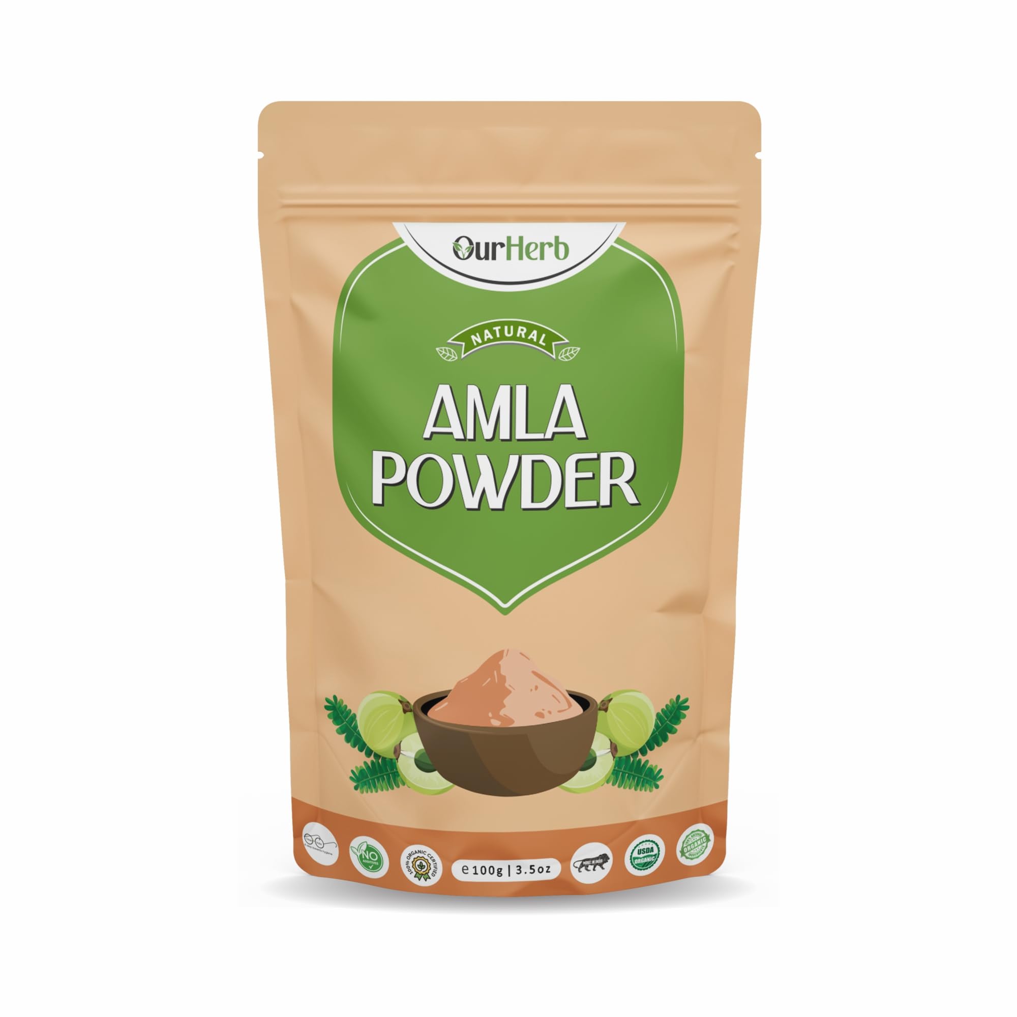OurHerb Pure & Natural Amla (Indian Gooseberry) Powder for Health, Skin & Hair with Wooden Spoon - 100g | 3.5 Oz