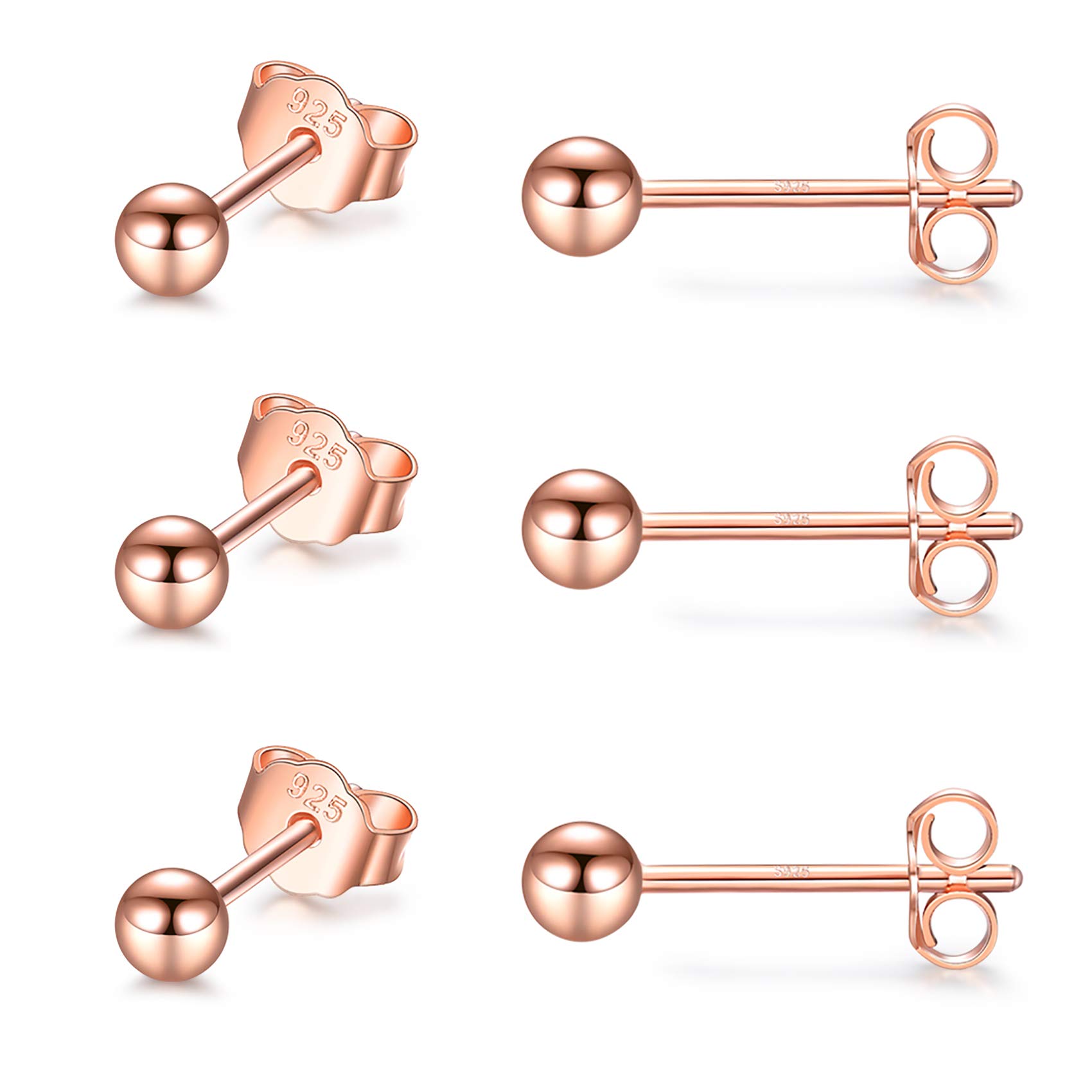 EPIRORA Sterling Silver Stud Earrings for Women Men- 3 Pairs 3mm Tiny Ball Stud Earrings Round CZ Earrings Pearl Earrings Set Cartilage Small Tragus