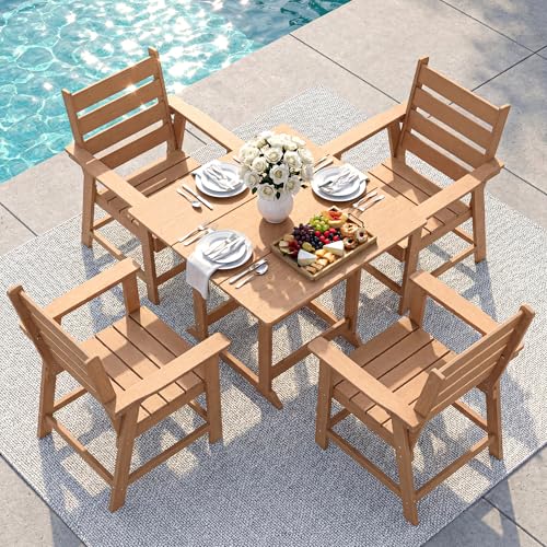 Image of 5 Piece Patio Dining Set, HDPE All-Weather Furniture with 4 Chairs & 1 Square Table, for Backyard, Garden, Cedar