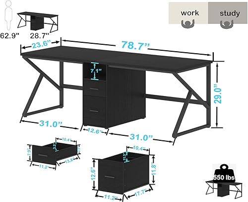 Miniatura 2 de IBF Escritorio de oficina para dos personas de 79 pulgadas, escritorio grande doble largo para PC con cajón de archivos, escritorio para computadora