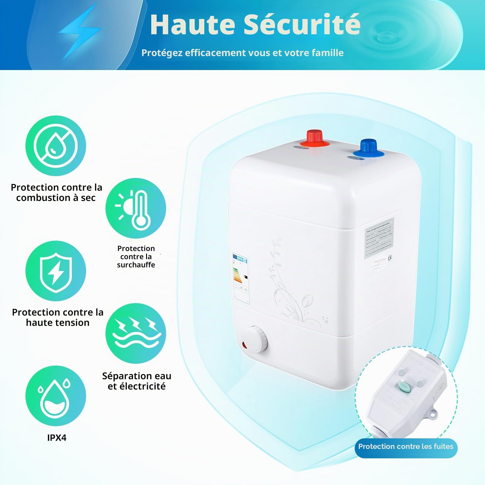 Chauffe-eau électrique résistant à la pression, 1500W, chauffe-eau sans réservoir mini pour cuisine, WC des invités, basse pression [Classe énergétique B]