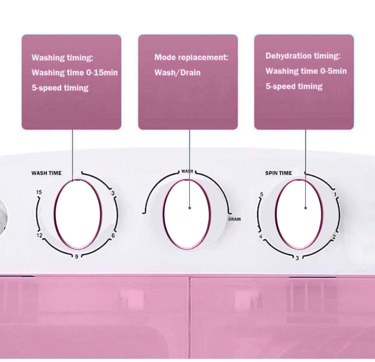 Portable Twin Tub Washing Machine and Dryer 5 KG (3 KG Wash 2 KG Dryer) Electric Mini Washer RV Travel Camping Spin Cycle Dryer Combo Pink/White New — view 3