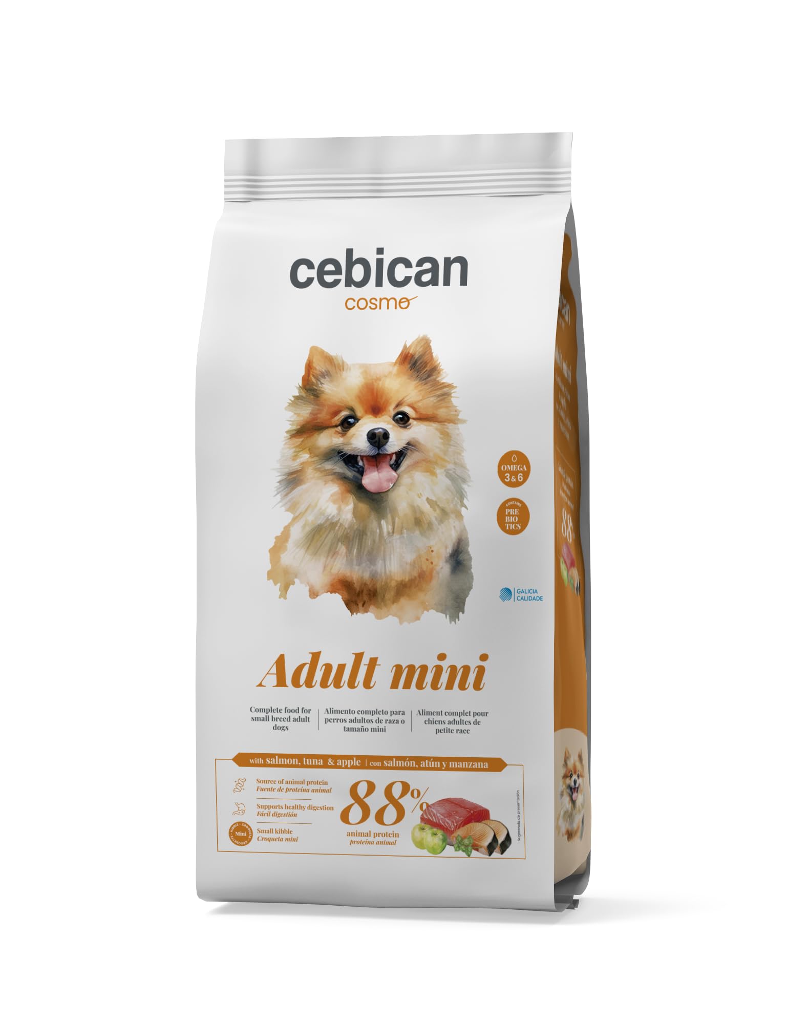 Adult Mini 3 kg – Pienso para Perros Adultos de Razas Pequeñas con Salmón, Atún y Manzana – Pienso con Prebióticos y Glucosamina para Pelo Brillante y Cuidado Articular – 88% Proteína Animal