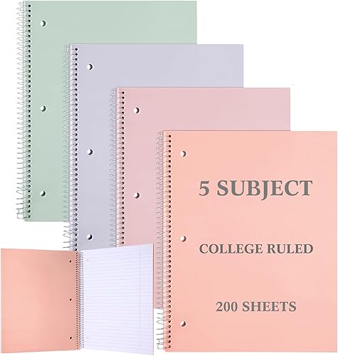 Geyoga 4 cuadernos en espiral de 5 materias con cubierta de plástico de polietileno y divisores, cuaderno de espiral de plástico impermeable de 8.5