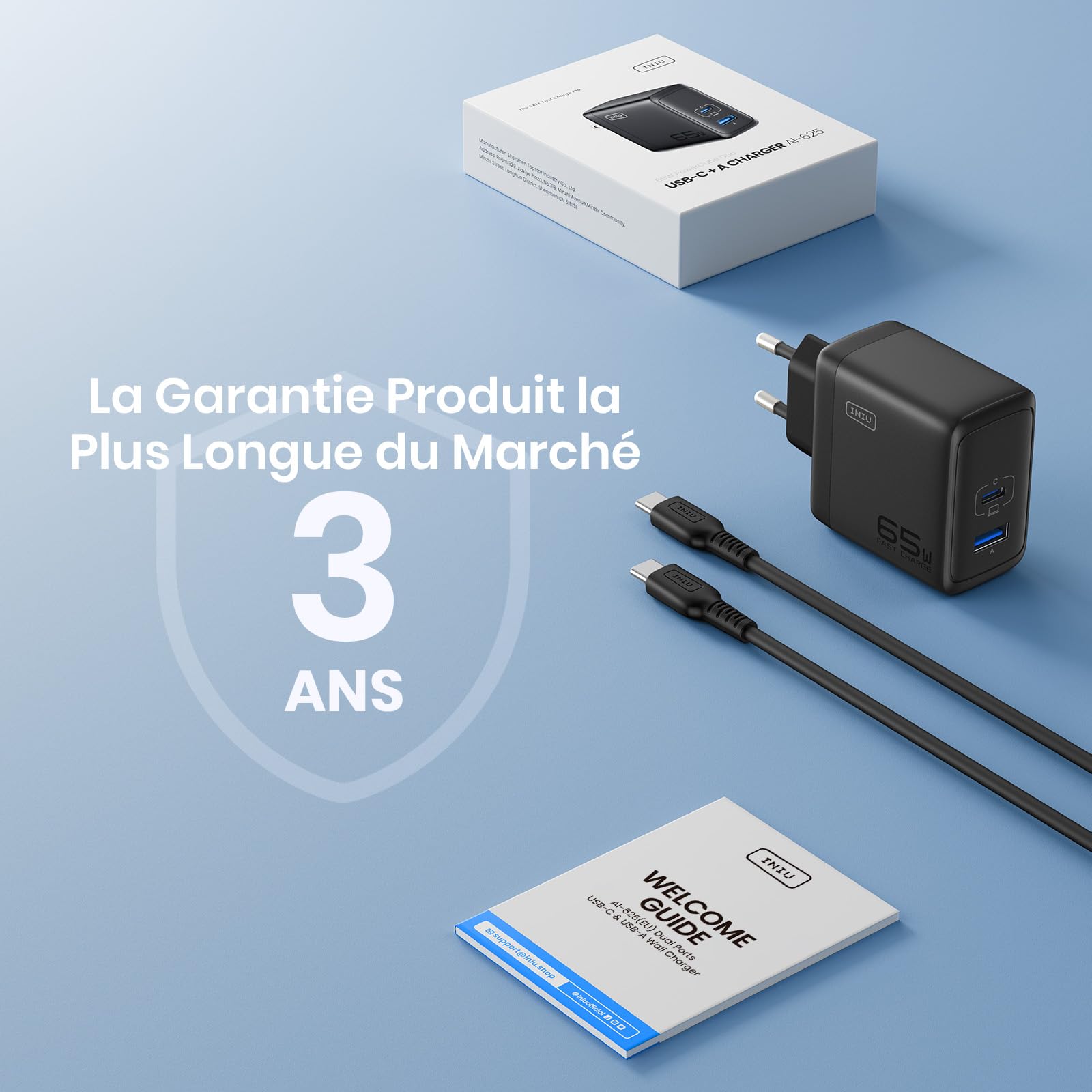INIU 65W Chargeur USB C, Prise USB Multiple 2 Ports Chargeur Secteur, GaN Ⅱ USB Adaptateur de Charge Rapide pour MacBook iPad Pro/Air, iPhone 16 15 14 13 Pro Max, Galaxy, Google, Xiaomi, Huawei ect.
