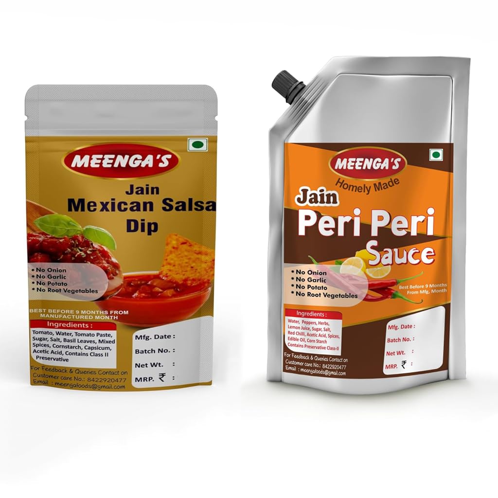 MEENGA’S Jain Mexican Salsa Dip & Jain Peri Peri Sauce Combo – 225g Each | No Onion No Garlic | 100% Veg | Ready-to-Eat Tangy & Spicy Sauces for Nachos, Chips, Snacks and Fast Food-image-8