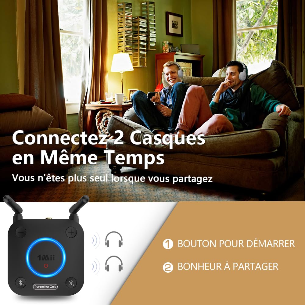 1Mii B06TX Émetteur Audio Bluetooth 5.3 pour TV, Transmetteur Adaptateur Bluetooth pour 2 Casques, aptX Faible Latence et HD, Longue Portée, Contrôle du Volume, AUX RCA Optique Coaxiale [Upgraded]