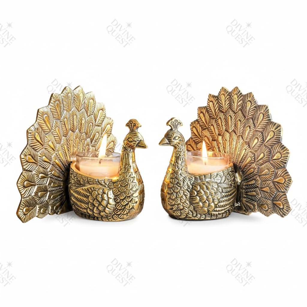 Elegant Pure Brass Peacock Tealight Candle Holders (Set of 2) for Diwali Festival Decorations | Premium Handcrafted Metal Diya Deepak Showpiece | Home Decor, Pooja Mandir, Wedding, Housewarming Gift-image-23