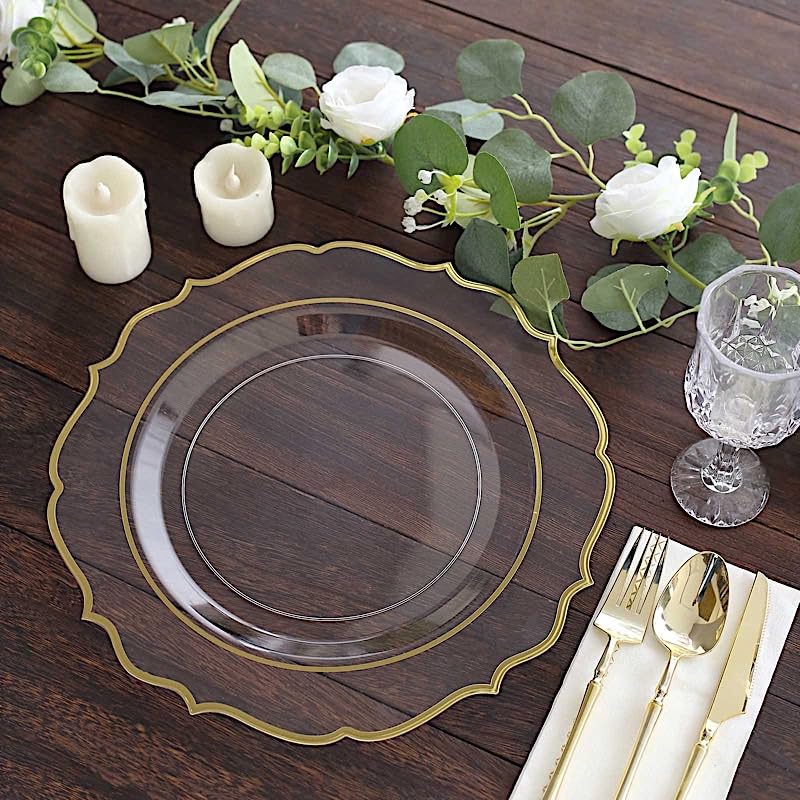 Balsa Circle 10 Clear 13 in Round Plastic Charger Plates Gold Scalloped Rim Party Events Reception Tableware Decorations Supplies
