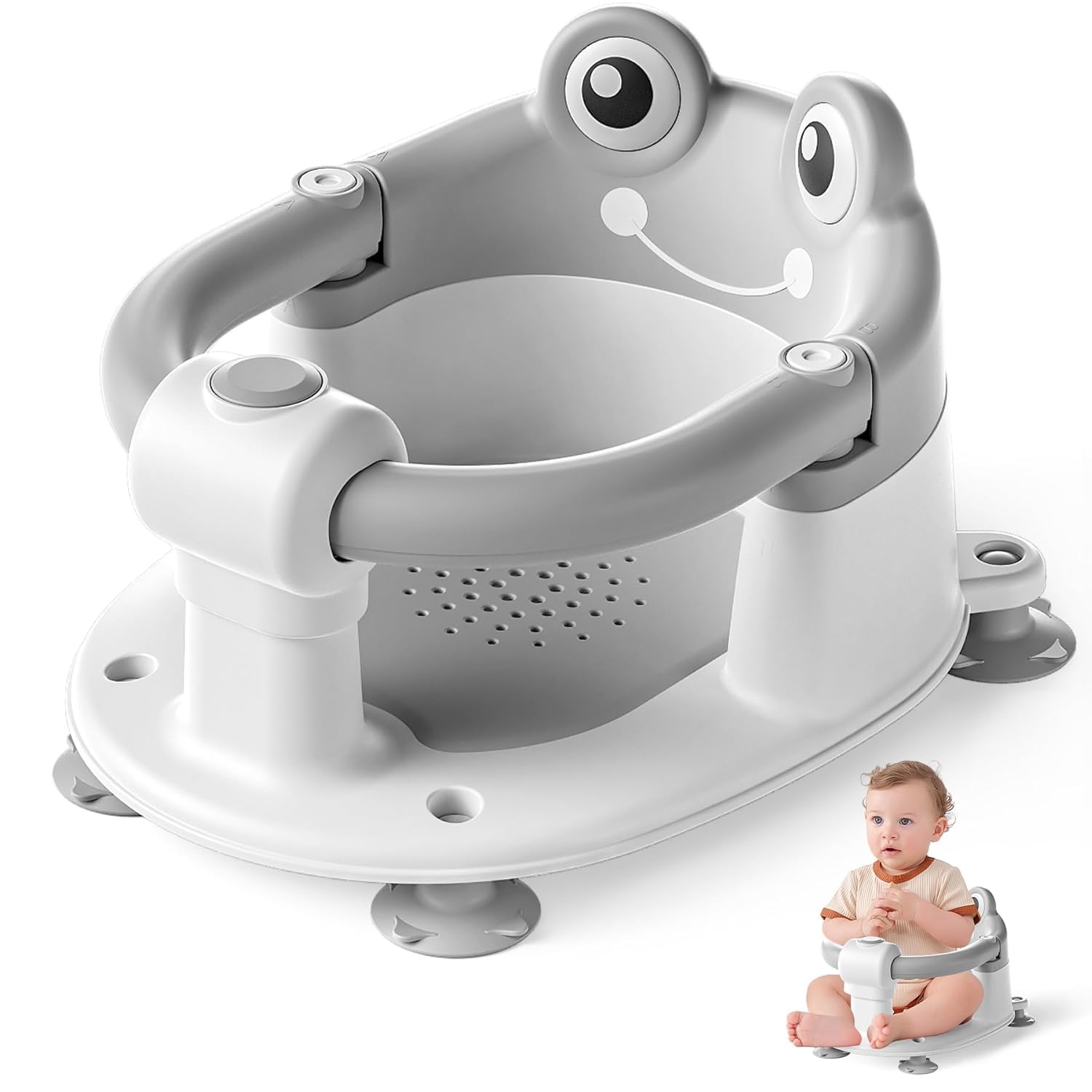 Seggiolino Doccia Bimbo, Seggiolino per Vasca da Bagno per Bambini a Partire da 6 Mesi, Seggiolino da Bagno Antiscivolo con 4 Potenti Ventose,per Doccia o Vasca(Grigio)