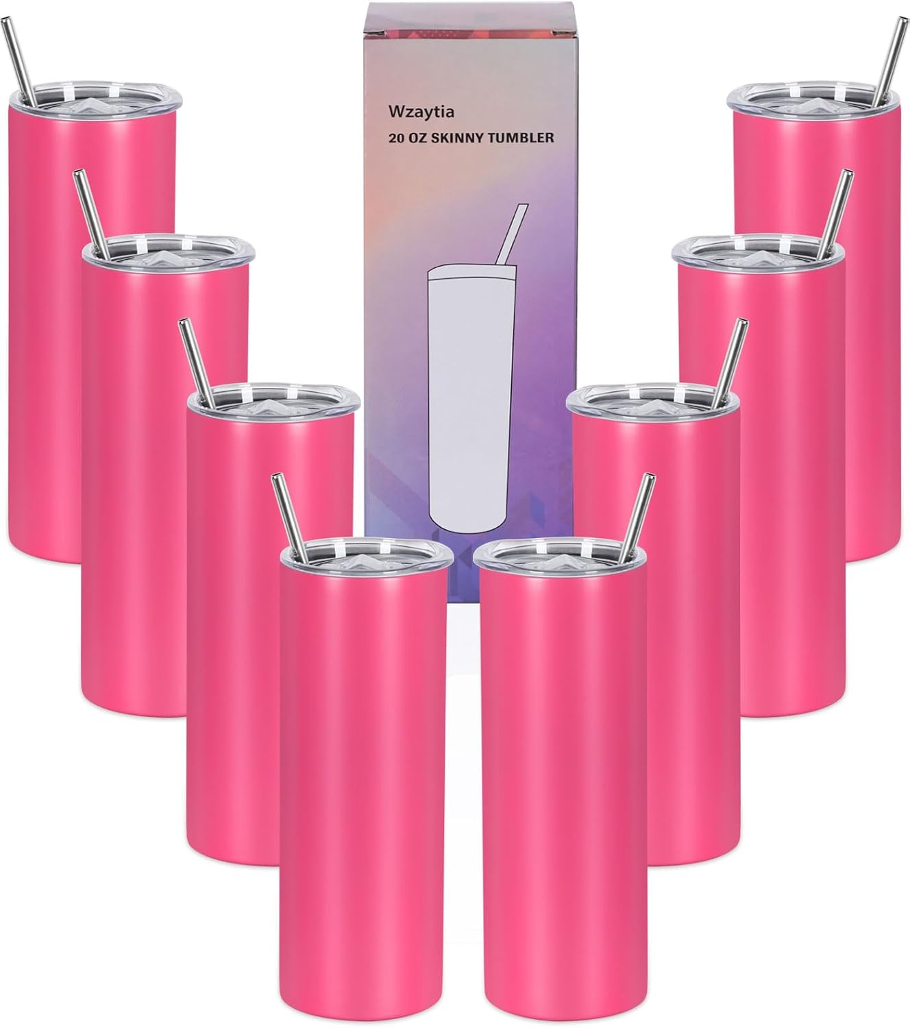 Wzaytia 8 Pack 20 Oz Straight Skinny Tumblers,Individually Gift Boxed Stainless Steel Slim Skinny Tumbler Set Bulk, 20 Oz Insulated Slim Thin Travel Tumbler Cup for Diy,Hot Pink
