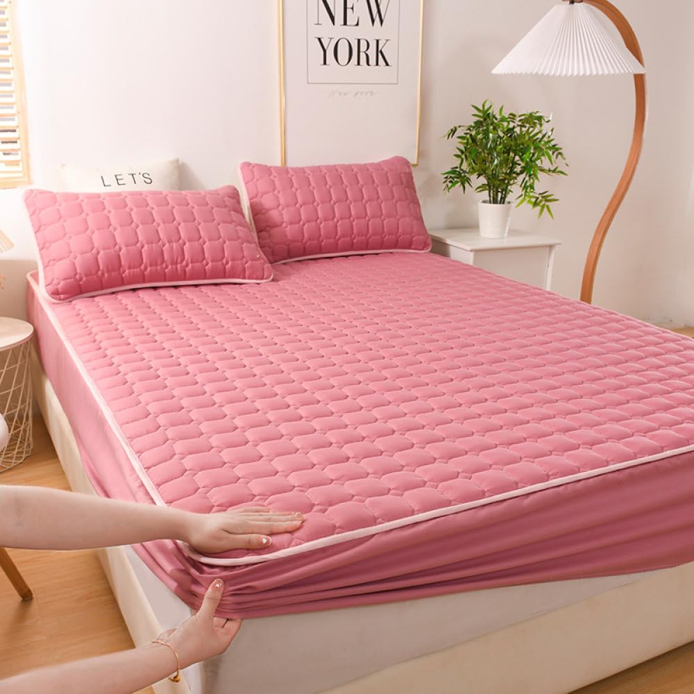 Sábana Doble Acolchada Gruesa Colchón Sábana Ajustable Elástica Suave Y Transpirable con Funda De Bolsillo Profundo Lino,Rosado,150x200x30cm