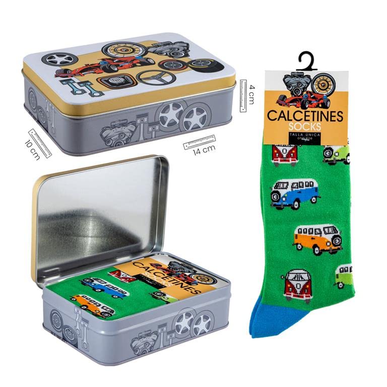 DRW Calcetines Furgonetas Verdes en Caja de Metal Talla Unica