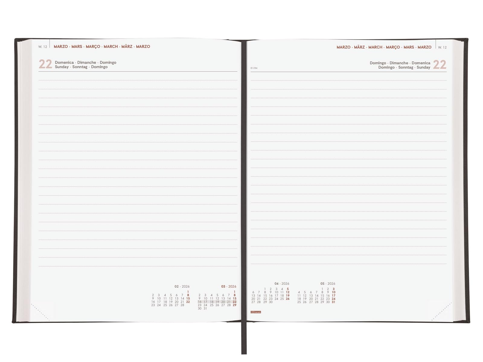 Finocam – Agenda 2026 2 pages par Jour | Janvier – Décembre (12 mois) | Agenda annuel 2026 | Reliure Couverture rigide matelassée Milano – Noir – International
