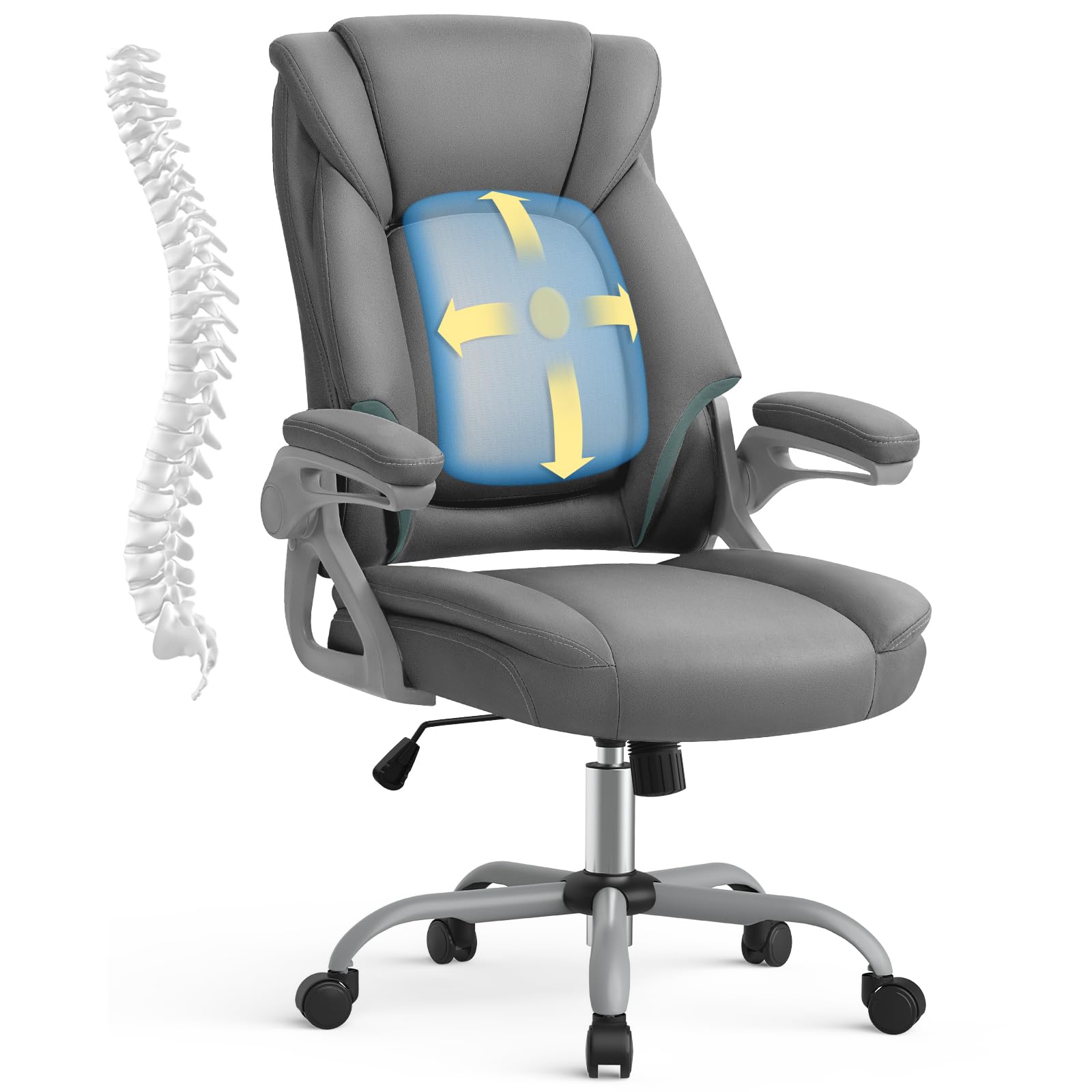YAMASOROErgonomic Executive Office Chair with Flip-up Arms, Office Chairs with 3D Lumbar Support, Modern Technical Cloth Desk Chair, High Back Computer Chair with Wheels,Gray