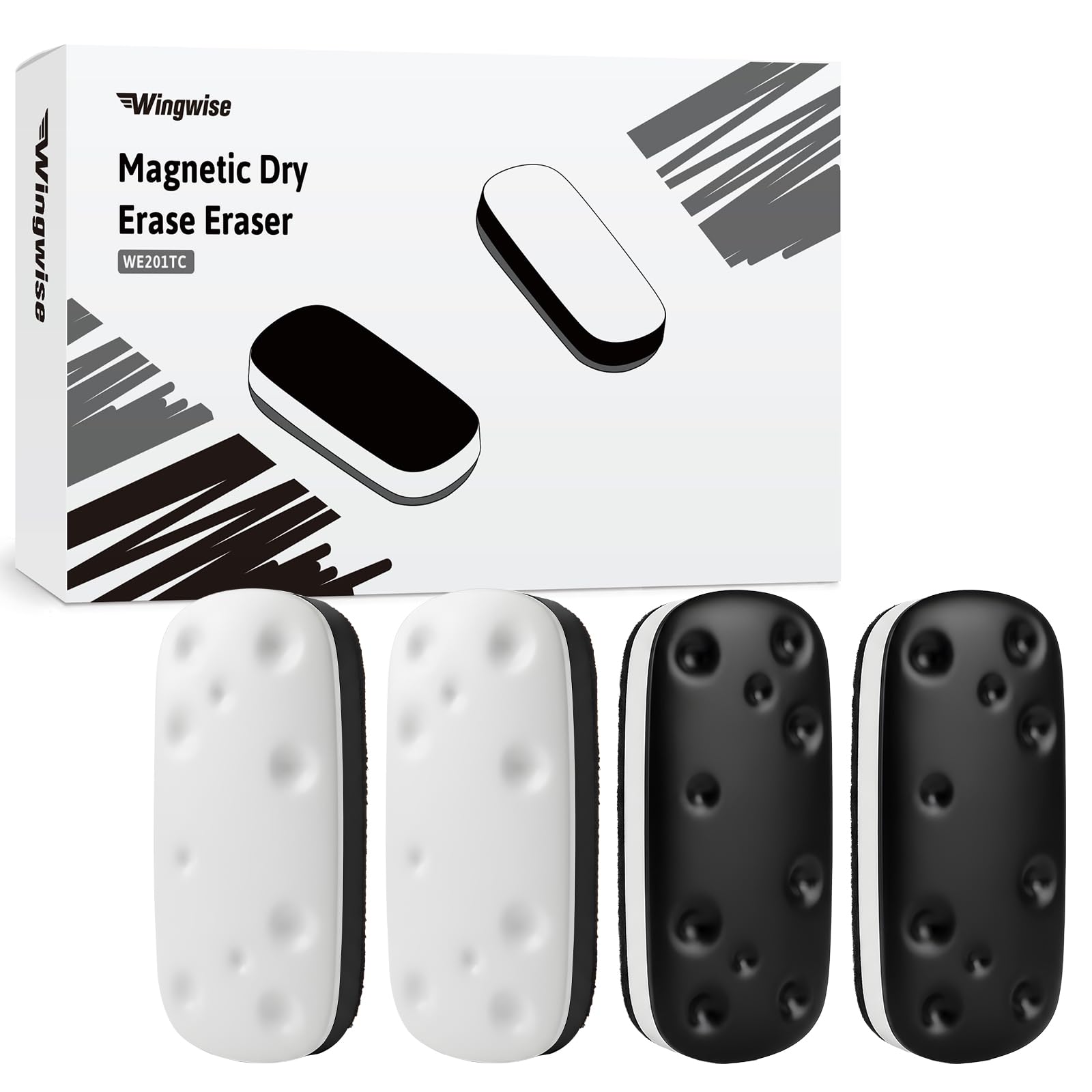 Wingwise Magnetic Dry Erase Eraser for Glass Whiteboards,White Board Erasers with Strong Magnet, 4-Pack, 2 Black + 2 White, for Office, Classroom, Home
