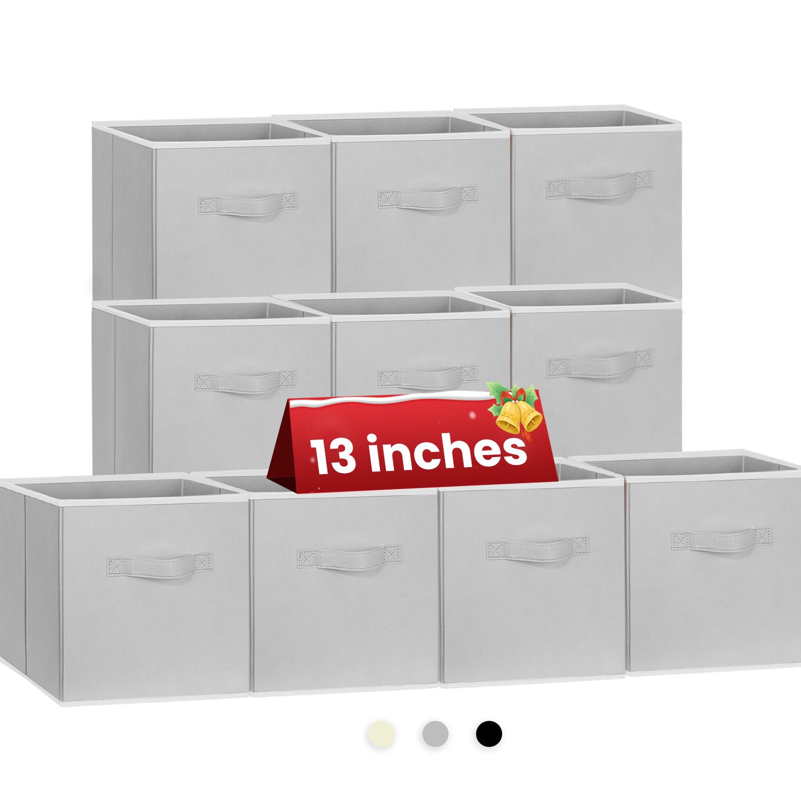 Large Storage Cubes, 13x13 Cube Storage Bins (Set of 10), Fabric Collapsible Storage Bins with Dual Handles, Foldable Cube Baskets for Shelf, Closet Organizers and Storage Box (Grey)