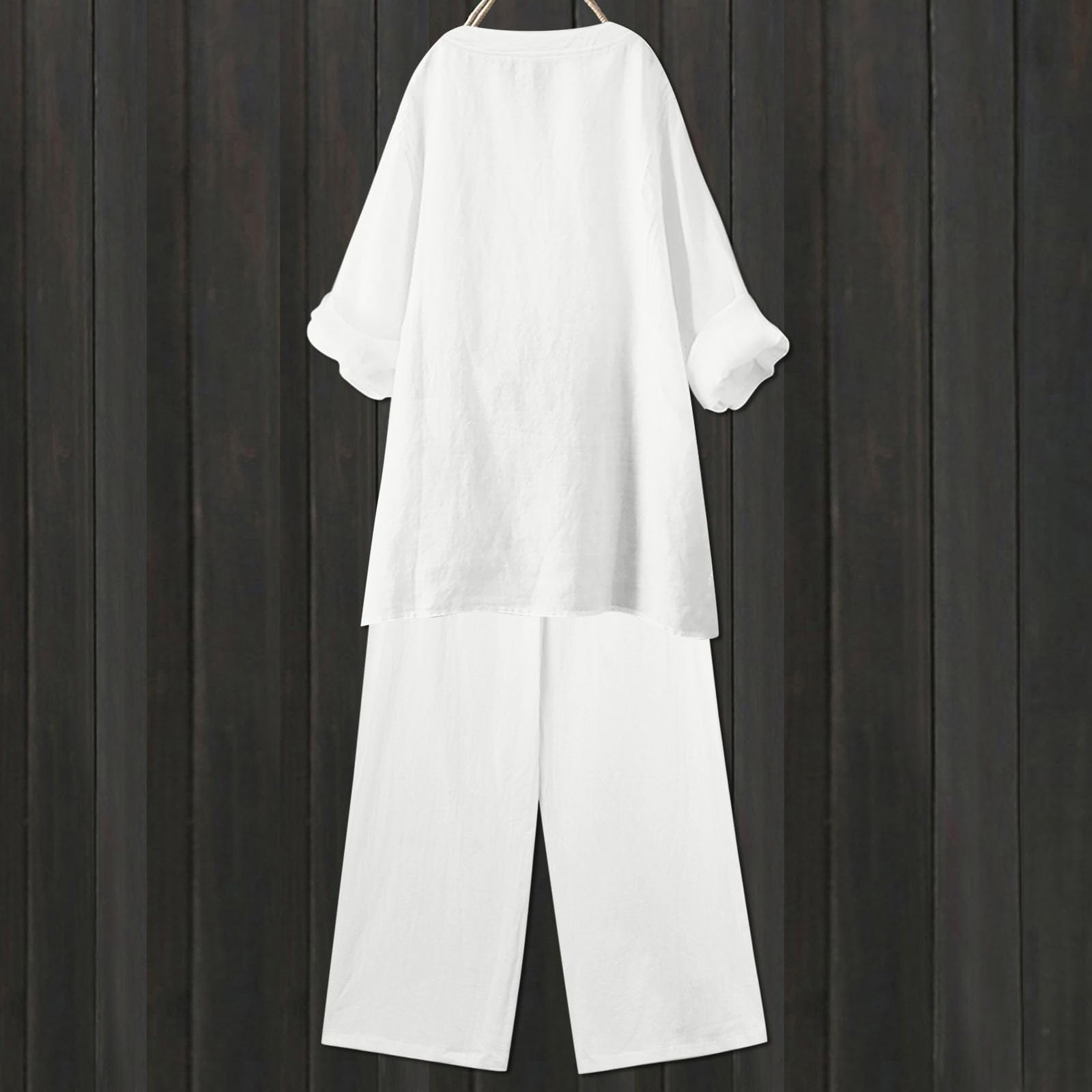 Traje de pantalón para mujer, elegante, 2 piezas, ropa de verano, conjunto de 2 piezas, blusa, camiseta y pantalones largos, traje de ocio, informal, monocolor, traje de lino