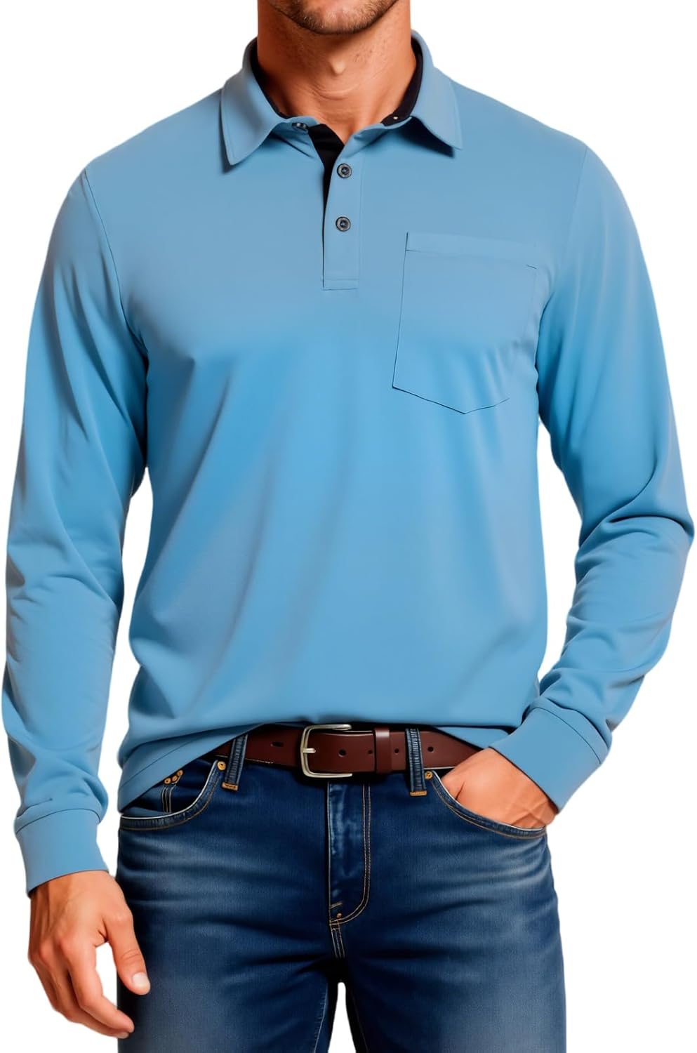 Men's Pocket Long Sleeve Polo Shirts, Casual Business Regular Fit Contrast Collar Golf Polo Shirts