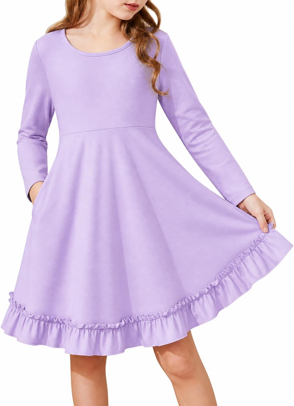 JiAmy Girls' Long Sleeve A-Line Twirl Dress with Hidden Pockets 4-12Y