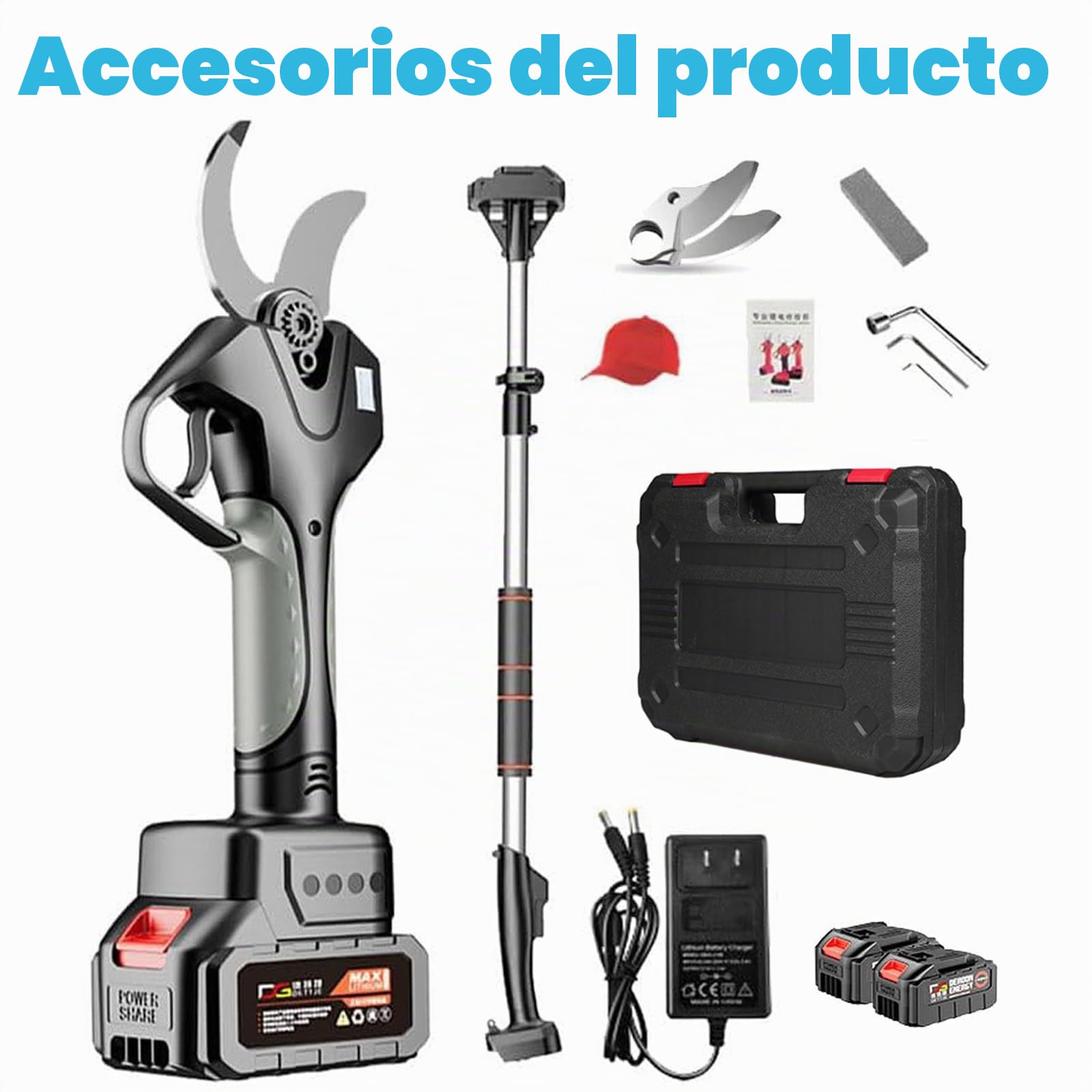 Tijeras de podar eléctricas de 50 mm, Tijeras eléctricas portátiles seguras Tijeras de podar inalámbricas con pértiga telescópica de 1,3 a 2,1 m, para setos, arbustos y huertos,2Battery