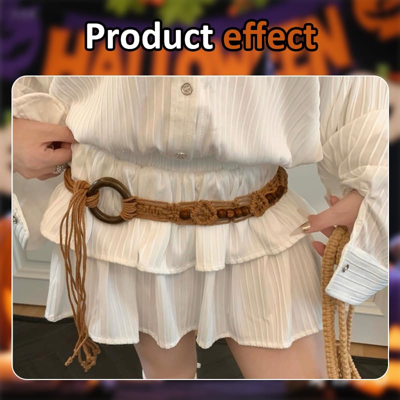 Boho Woven Braided Belt with Beads - Womens Tassel Braided Waist Belts for Dress Skirts Chain Fabric Rope Woven Belt for Women Vintage Country Western Knot Wrap Belts for Women Boho Outfit2