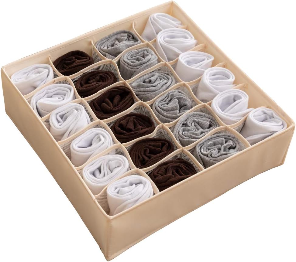 ALYERCollapsible Fabric Drawer Organizer Divider,Closet Storage Box Bins Containers for Panties,Underwear, Ties,Bras, Socks, Lingerie (Beige-24 Cells)