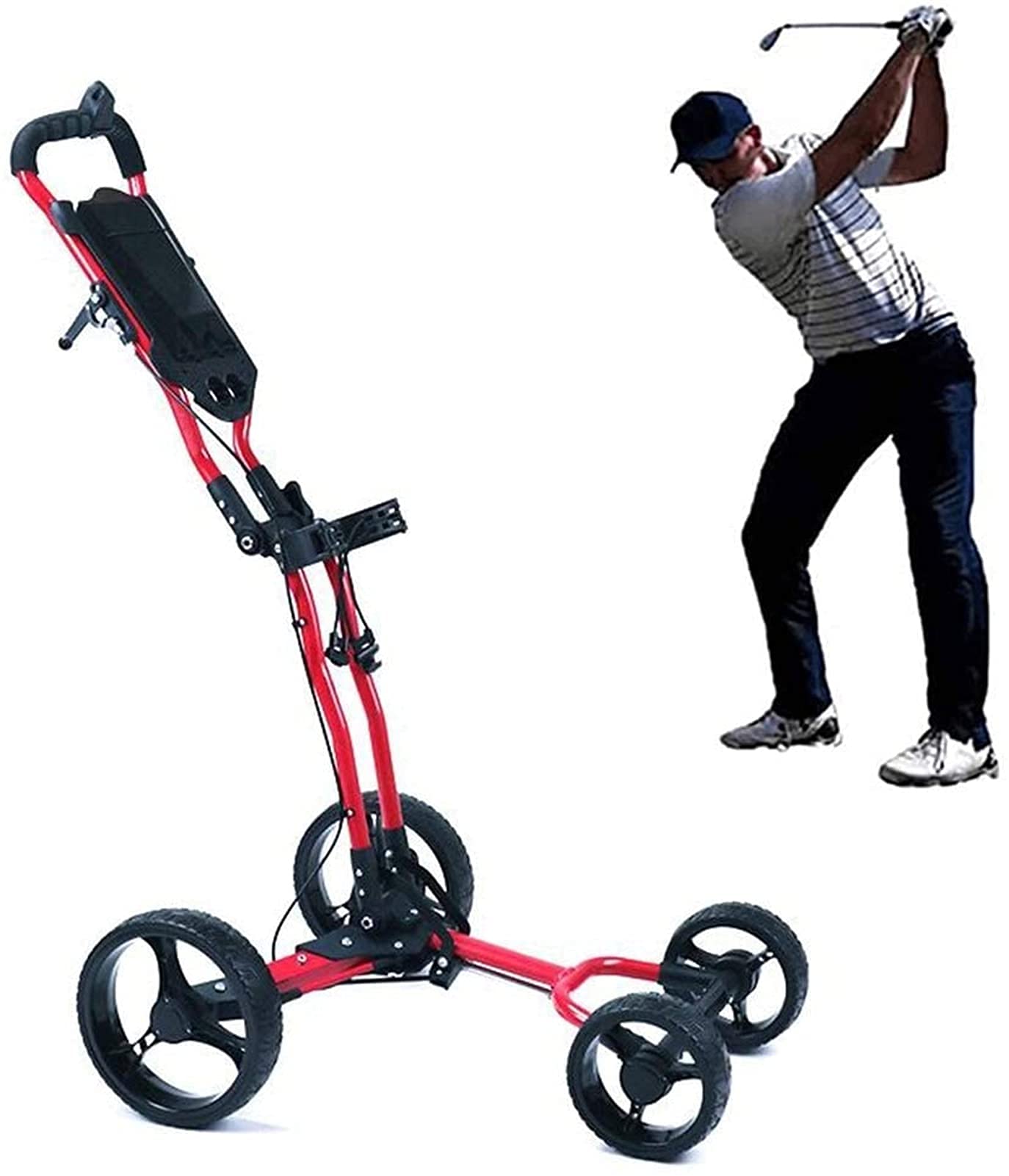 Carrito de Golf Plegable y Ligero de 4 Ruedas con asa de Empuje Ajustable y Tarjeta de puntuación, Freno de pie, Duradero y fácil de Abrir y Cerrar.