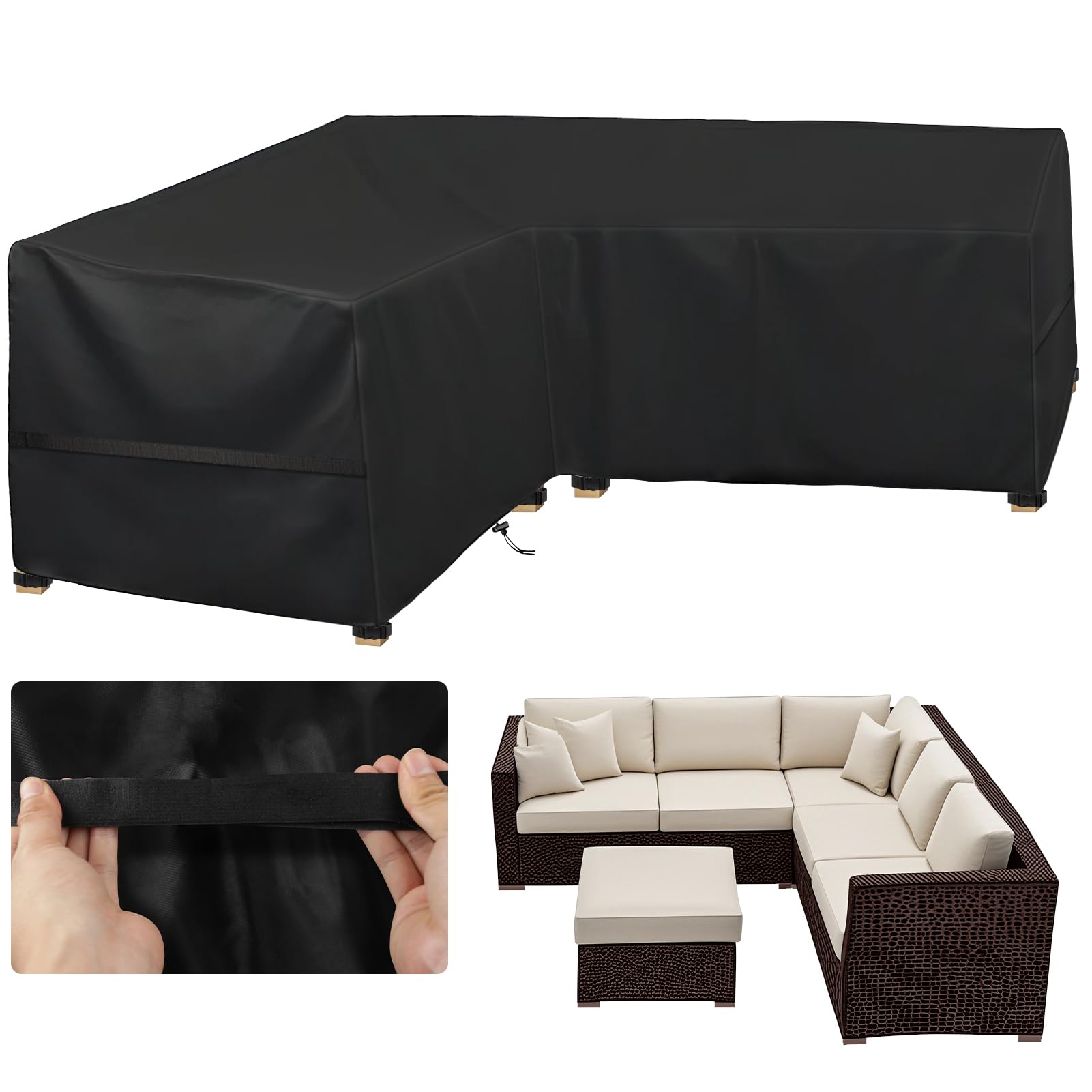 LUSCHEER Garden V-Shape Furniture Cover Waterproof, 210D Heavy Duty Oxford Fabric Outdoor Rattan Corner Sofa Cover with Waterproof Tape, 255x255x87cm