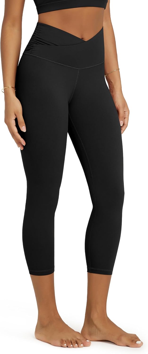 ODODOS Women's Cross Waist Yoga Leggings with Inner Pocket, 23"/25"/28" Gathered Crossover Workout Yoga Pants