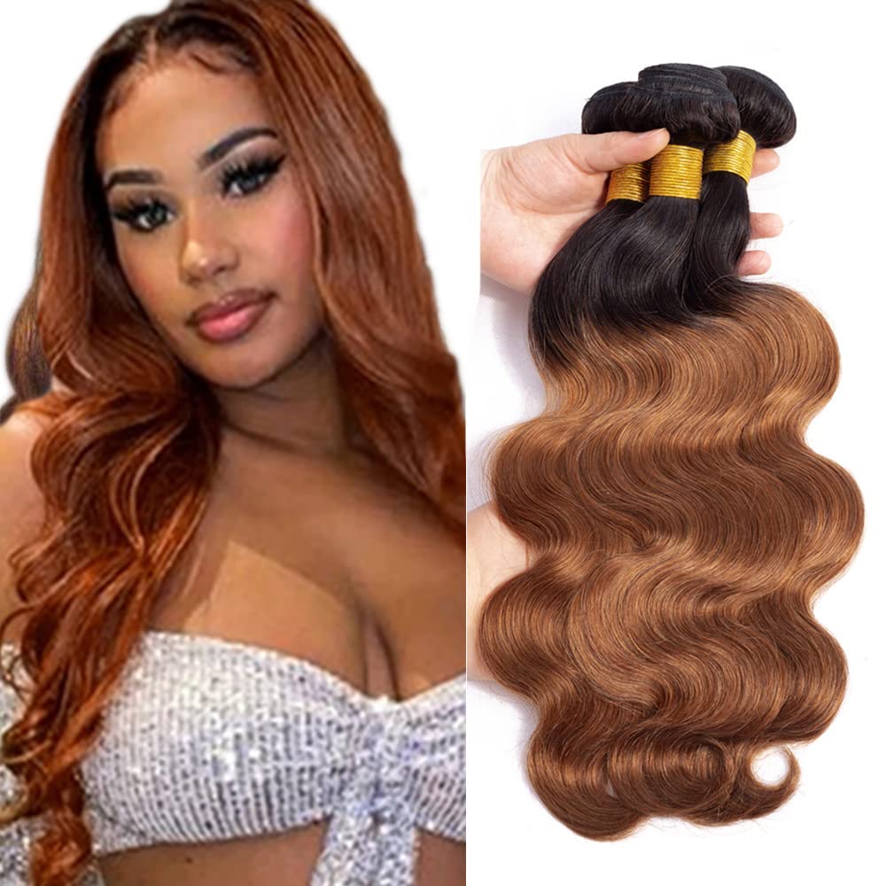 lorauroga 1B30 Body Wave Bundles Ombre Brown Human Hair Bundles 20 22 24 Inch Ombre 1b30 Virgin Body Wave Human Hair 3 Bundles Grade 8A Black To Dark Brown Weaves Bundles