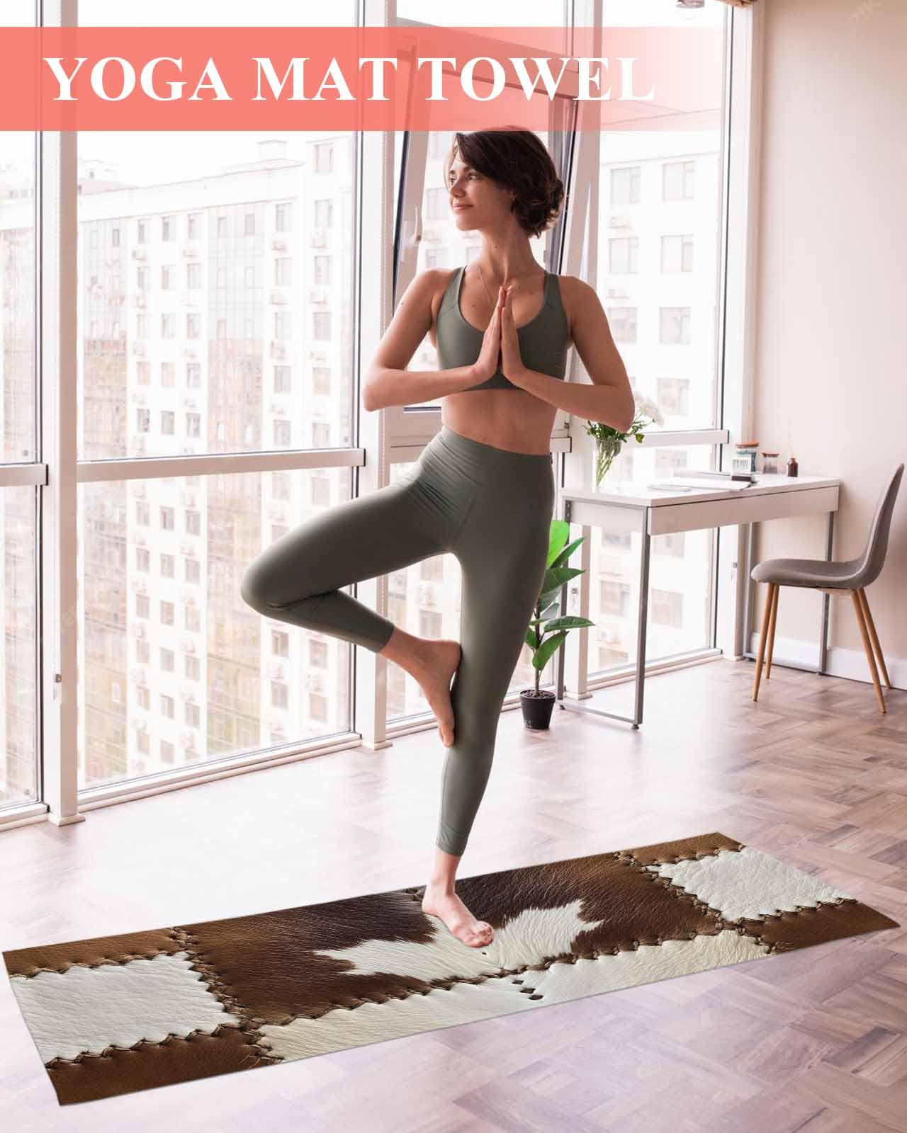 BOSIJOY Yoga Mat Towel,Brown White Cowhide Non Slip Sweat Absorbent Hot Yoga Towels with Corner Pockets,Western Farmhouse Animal Skin Leather Soft Microfiber Towel for Pilates Bikram 74