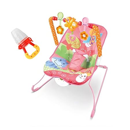 Safe-O-Kid Harmony Baby Rocker Cum Bouncer with 1 Year Warranty, Multi-Position Reclining, with Music, Vibrations, Safety Harness and Toy Bar- Pink