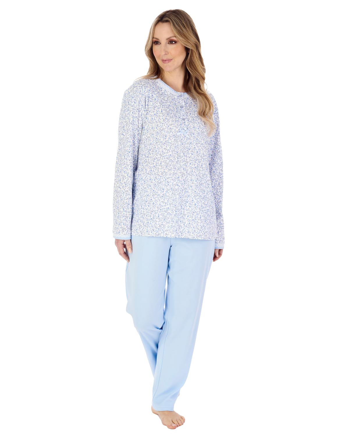 Slenderella Forget Me Not Long Sleeve Cotton Interlock Pyjama Set (20/22, blue)