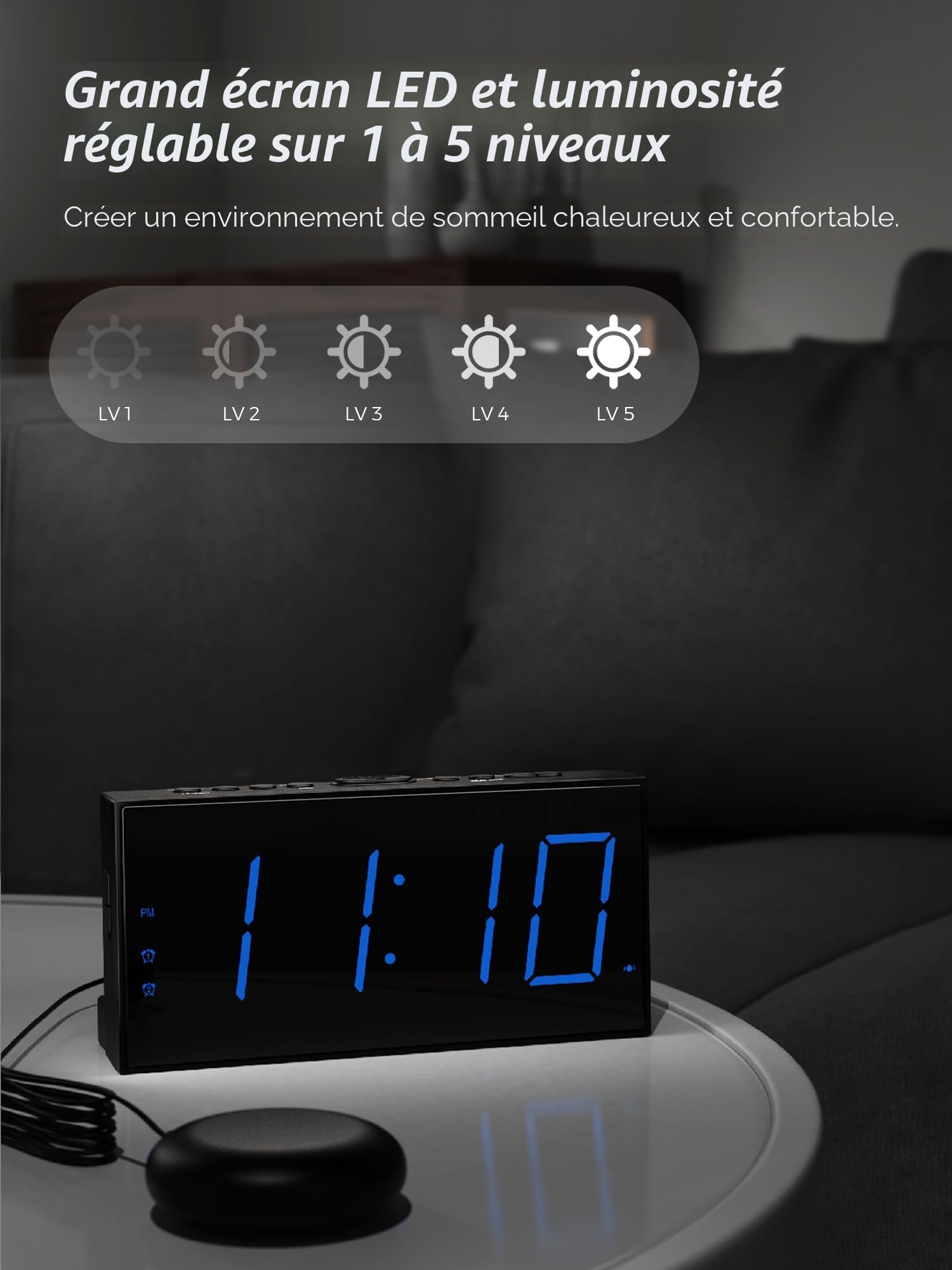 Réveil Extra Fort avec Secoueur de Lit, LED 7'' pour Sourd et Malentendant, Gros Dormeur, Double, Lumineux à 5 Niveaux, Snooze, Charger USB, Variateur d'Intensité, 12/24 H