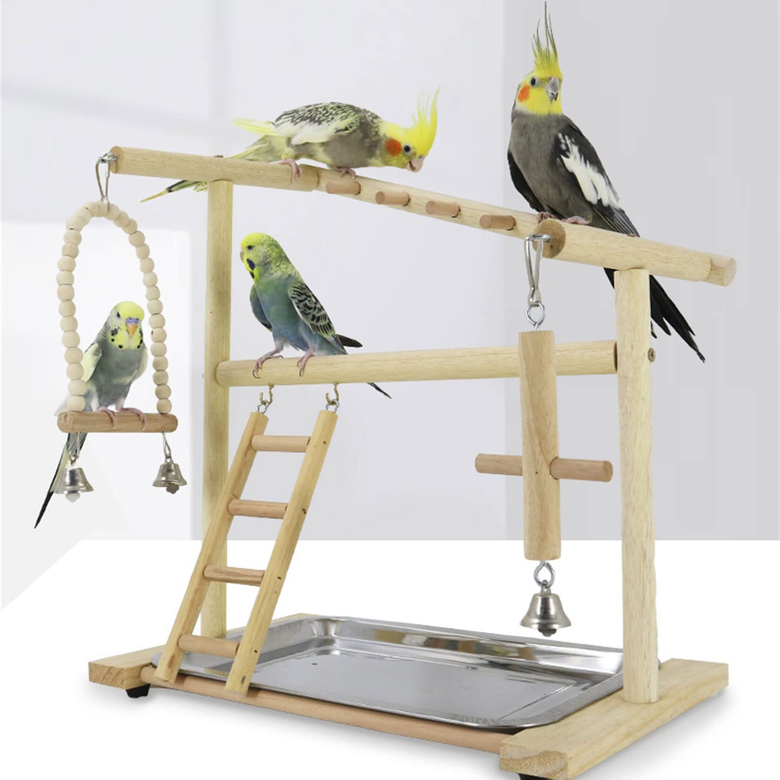 Vogelsitzstange, Papageienständer, Nymphensittiche, Spielständer, Spielzeug mit Holzleiter, Schaukel, Kauspielzeug, Futternäpfe, Spielen und Training, Vogelspielplatz, Sitzstangenständer aus Naturholz