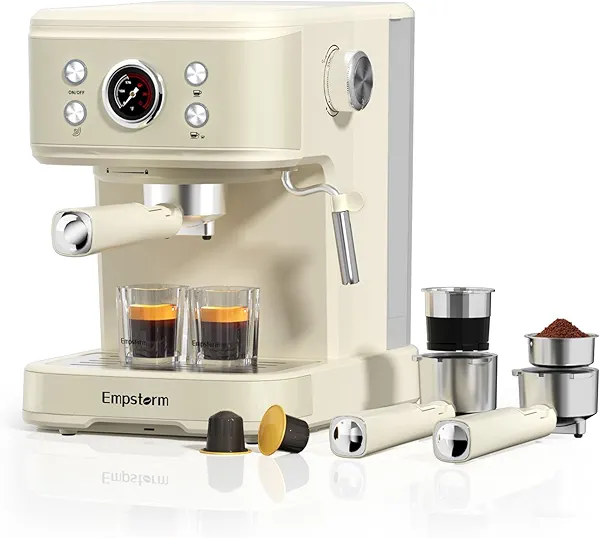 Empstorm White Espresso Machine with Milk Frother, Cappuccino Machines for Home, Coffee Espresso Machine Suitable for Coffee Powder/NS Original Capsules, Espresso Maker with Thermometer