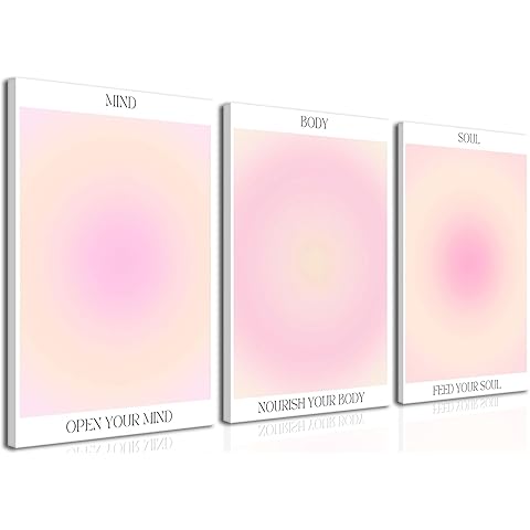 Trendy Aesthetic Canvas Wall Art Aesthetic Set of 3 | Gradient Psychedelic Aura Angel Posters Prints Room Decor | Pink Wall Art Decor for Bedroom, Living Room - Framed 12x16 Inch