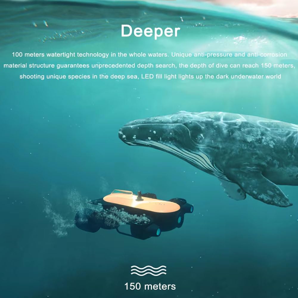 Drone subacqueo 4K UHD ROV con LED 6000LM, velocità 2m/s, batteria 4h, controller Bluetooth, profondità 150 m, per registrazione e salvataggio della pesca