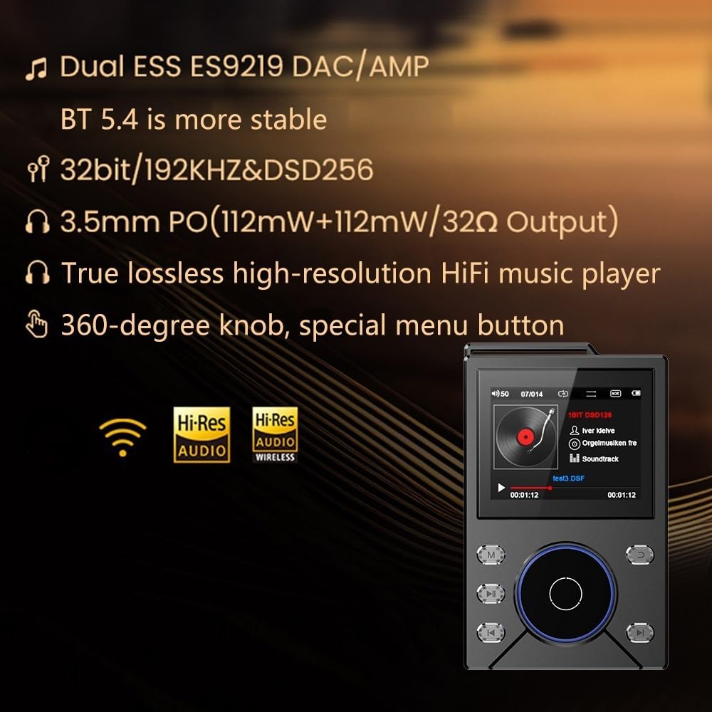 Lettore musicale HiFi Lossless MP3 con DSD256, BT 5.0, riproduzione 50H, LCD da 2,4 pollici, corpo in lega di alluminio CNC, uscita 3,5 mm, supporta scheda TF da 256 GB per viaggi e pendolari