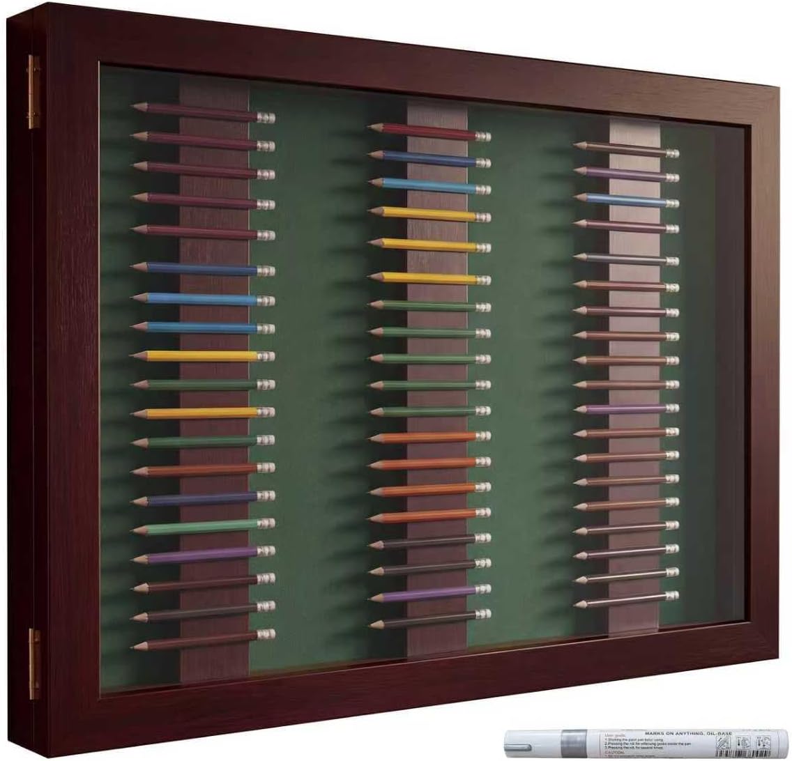 MR Golf Pencil Display Case 17"x14"，Golf Pencil Cabinet，Wall-Mounted Solid Wood Shadow Box with 98% UV Acrylic Door, Holds 51 Round or Hexagonal Pencils
