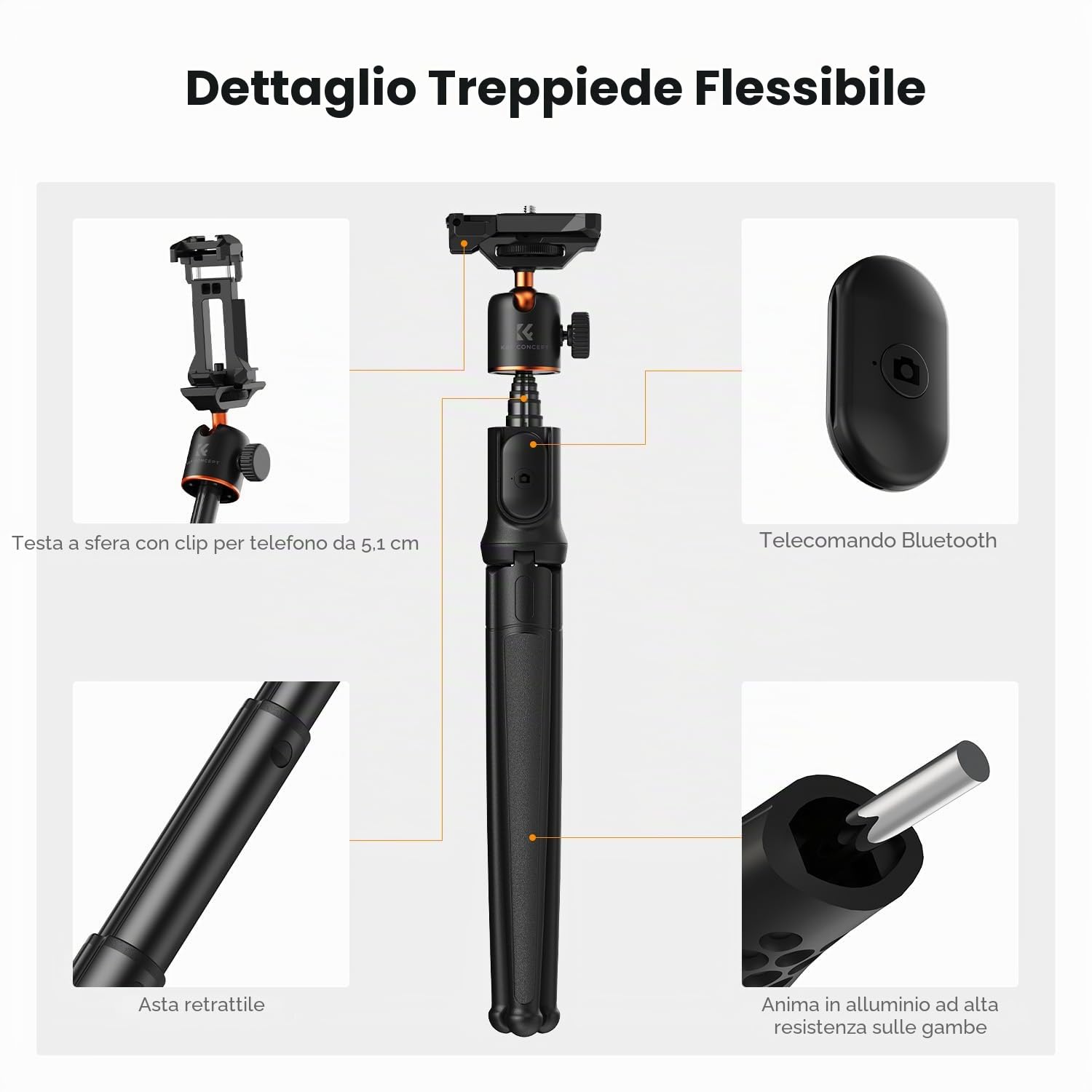K&F Concept Treppiede Smartphone MS29, Mini Tripod Estensibile con Telecomando Amovibile e Testa a sfera 360°, Treppiedi Octopus con Adattatore per Camera Sportiva, Ideale per iPhone/DSLR/Vlog/Selfie