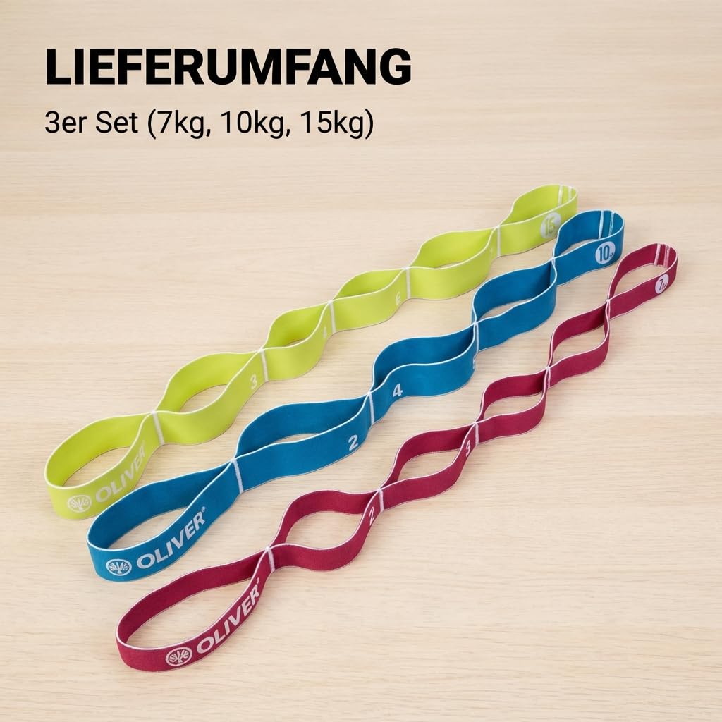 OLIVER Tex-O Maxiband 3er Set All-in-One – Widerstandsband aus Textil mit 8 nummerierten Loops, 7/10/15 kg (Magenta/Türkis/Lemon), Länge ca. 118 cm – Ganzkörpertraining, Warm-up, Mobility & Kraft