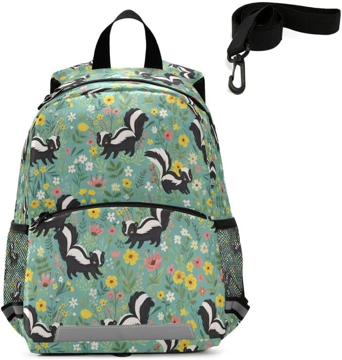 QUGRL Skunk Floral Pattern Print Toddler Backpack for Boys Girls Kids School Backpack with Chest Strap Leash Preschool Schoolbag Nursery Kindergarten Bag for Daycare Travel Hiking School